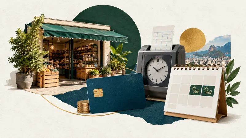 Colagem clean com pequeno comércio, cartão de crédito, relógio de ponto e calendário de dois dias de descanso