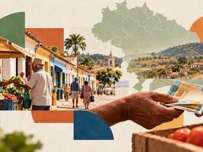 Colagem clean com comércio de cidade pequena, feira, mapa do Brasil e circulação de renda entre moradores