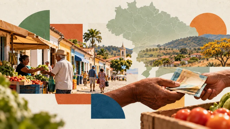 Colagem clean com comércio de cidade pequena, feira, mapa do Brasil e circulação de renda entre moradores
