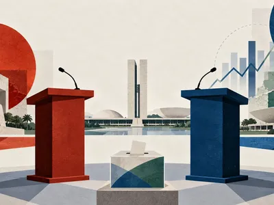 Colagem clean com dois púlpitos, microfones, urna eleitoral, Congresso Nacional e gráfico econômico
