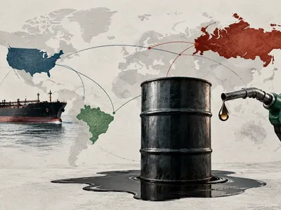 Colagem clean com navio petroleiro, barril, bomba de diesel e mapa conectando Rússia, Estados Unidos e Brasil