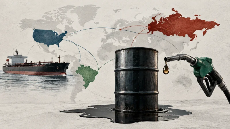 Colagem clean com navio petroleiro, barril, bomba de diesel e mapa conectando Rússia, Estados Unidos e Brasil