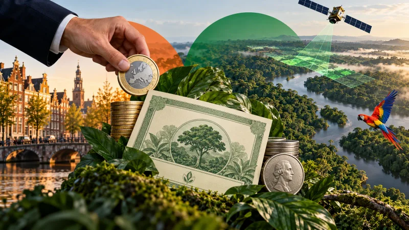 Colagem minimalista com floresta amazônica, satélite, moedas e certificado verde