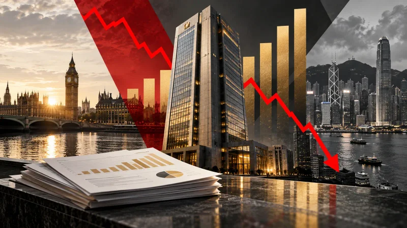 Colagem minimalista com Londres, Hong Kong, banco, balanço e gráfico de queda
