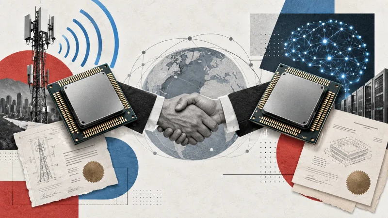 Colagem tecnológica com chips, antena 5G, IA e aperto de mãos