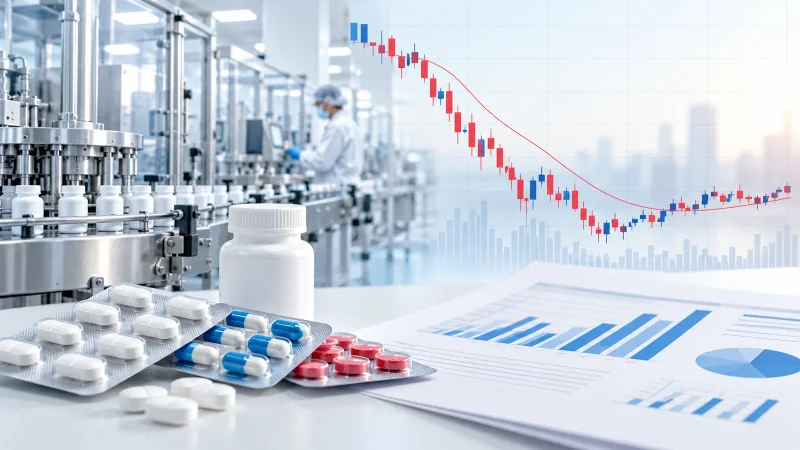Colagem minimalista com fábrica farmacêutica, medicamentos e gráfico de ação