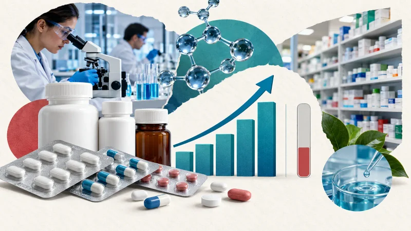 Colagem minimalista com laboratório, medicamentos sem marca, moléculas e gráfico de crescimento