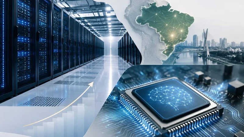 Colagem com corredor de servidores, chip de inteligência artificial e mapa do Brasil, em referência aos investimentos em infraestrutura de IA.