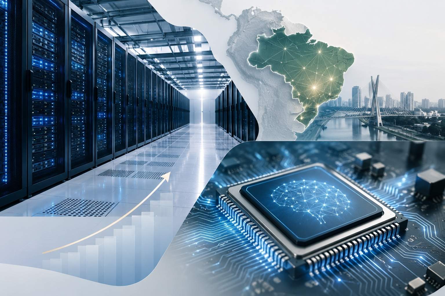 Colagem com corredor de servidores, chip de inteligência artificial e mapa do Brasil, em referência aos investimentos em infraestrutura de IA.
