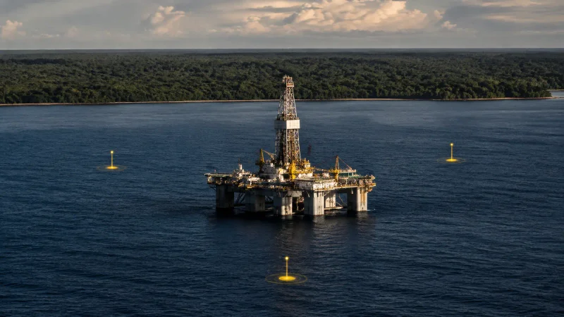 Plataforma de perfuração no mar diante da costa amazônica com três pontos de pesquisa destacados