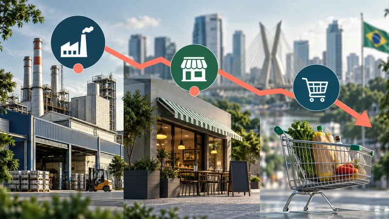 Colagem com indústria, comércio, carrinho de compras e gráfico de atividade em queda