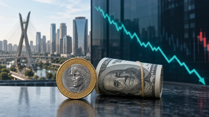 Real, dólar e gráfico em queda representam recuo do Ibovespa nesta sexta-feira