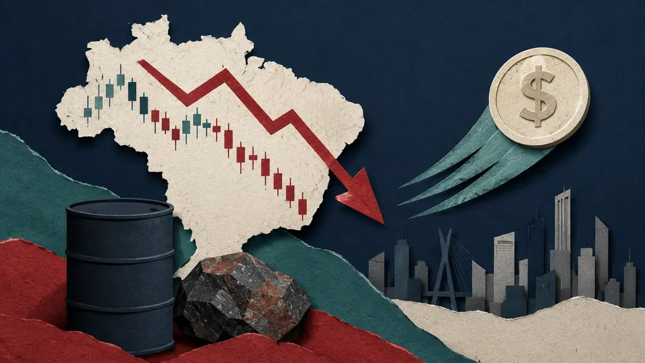 Colagem minimalista com mapa do Brasil, gráfico em queda, petróleo, minério e dólar representando o mercado após o payroll