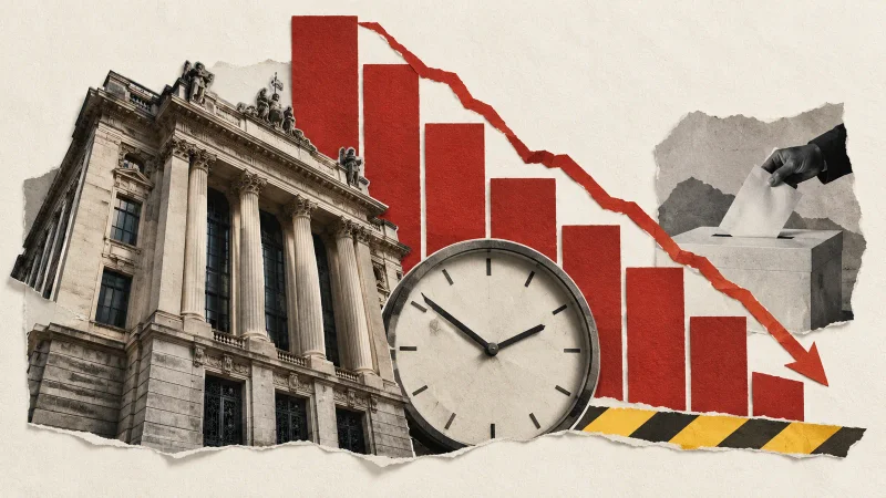 Colagem minimalista com Bolsa de Valores, relógio parado e barras vermelhas em queda