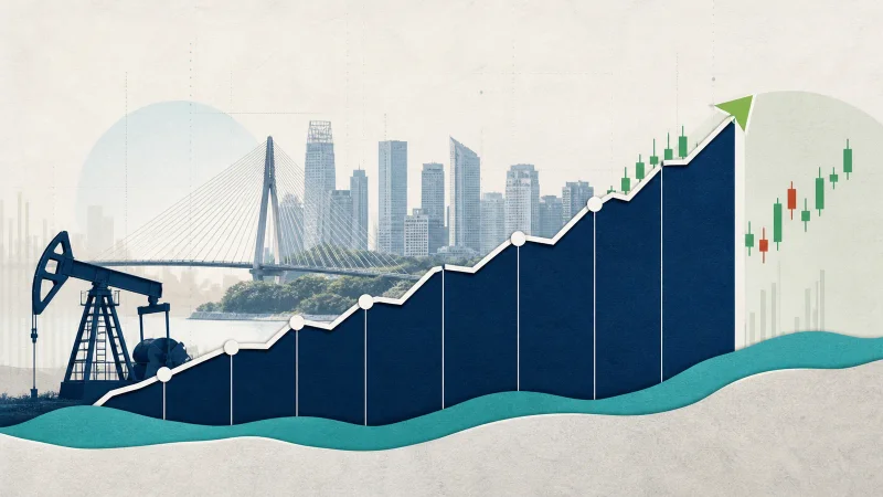 Colagem editorial mostra gráfico do Ibovespa em alta, São Paulo e uma bomba de petróleo