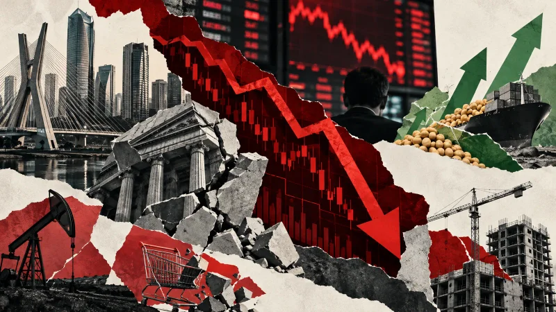 Colagem minimalista com São Paulo, gráfico em queda, banco, petróleo, varejo, construção e exportações