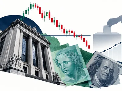 Colagem minimalista com bolsa brasileira, gráfico em queda, real, dólar, urna e curva de juros