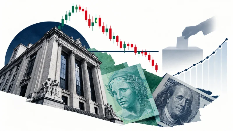 Colagem minimalista com bolsa brasileira, gráfico em queda, real, dólar, urna e curva de juros