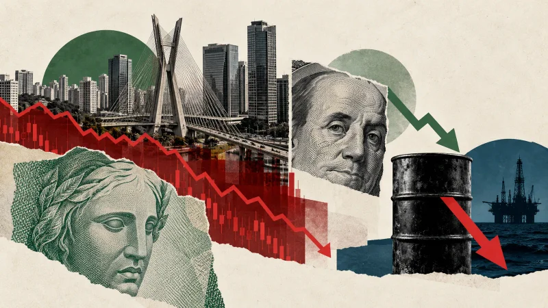 Colagem minimalista com centro financeiro de São Paulo, gráficos em queda, dólar, petróleo e dinheiro brasileiro
