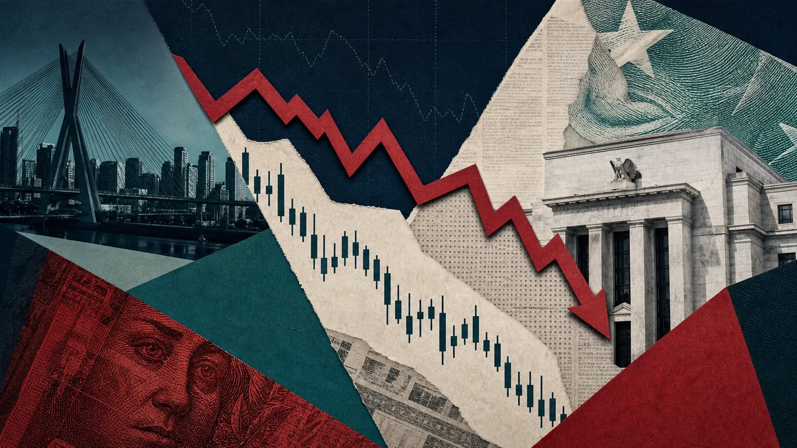 Colagem editorial com gráfico em queda, São Paulo e prédio do Federal Reserve