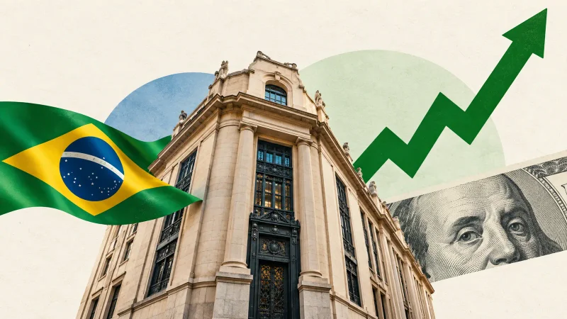 Colagem clean com bolsa brasileira, bandeira do Brasil, dólar e gráfico em alta