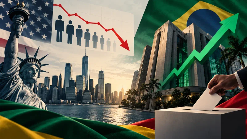 Colagem clean com Wall Street, emprego e Bolsa brasileira em alta