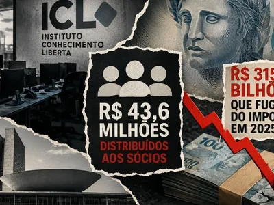 Colagem sobre a crise no ICL após a demissão de Leandro Demori, com Eduardo Moreira, R$ 43,6 milhões em lucros distribuídos e R$ 315 bilhões em dividendos.