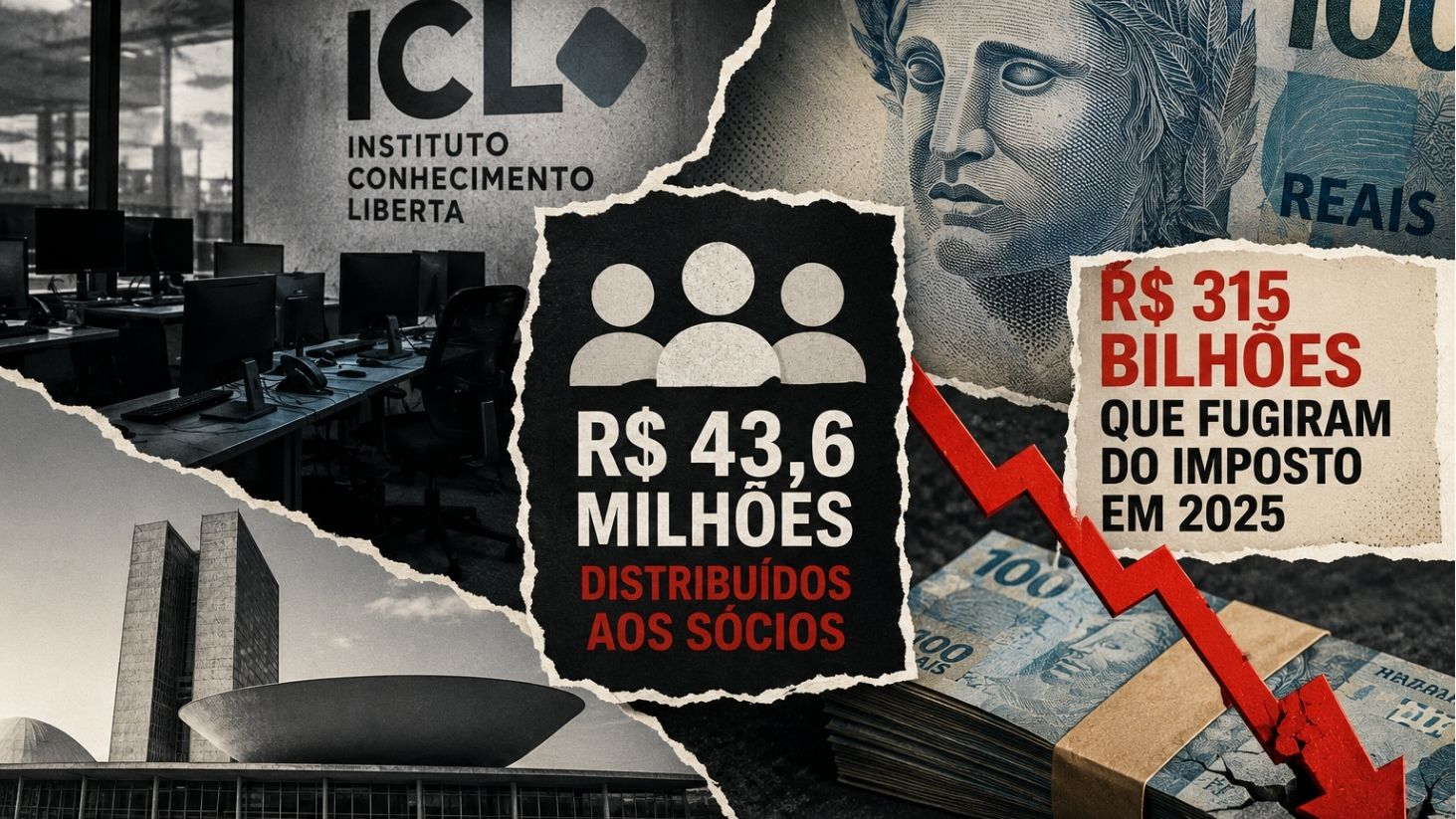 Colagem sobre a crise no ICL após a demissão de Leandro Demori, com Eduardo Moreira, R$ 43,6 milhões em lucros distribuídos e R$ 315 bilhões em dividendos.