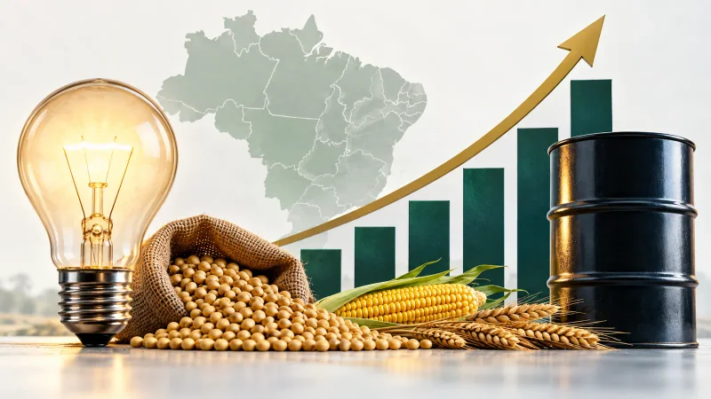 Colagem com lâmpada, grãos, barril de petróleo e gráfico ascendente representando a alta do IGP-10 em setembro