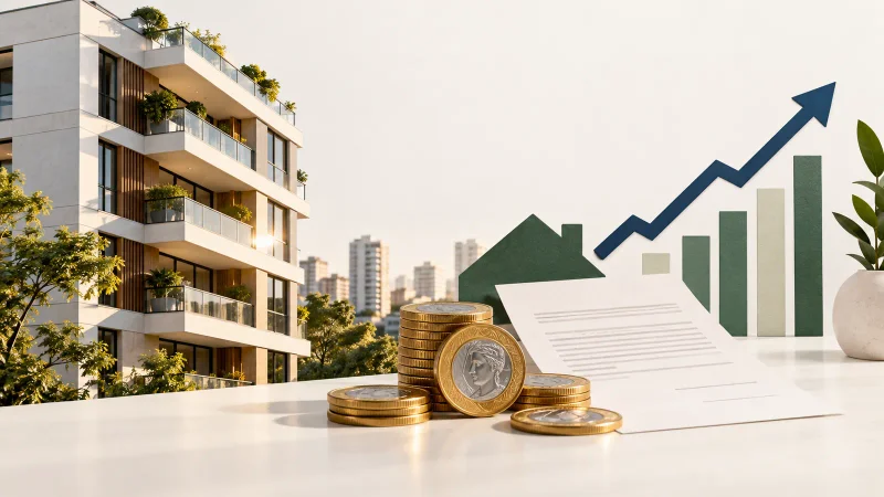 Colagem minimalista com edifício residencial, contrato de aluguel, moedas e gráfico de inflação