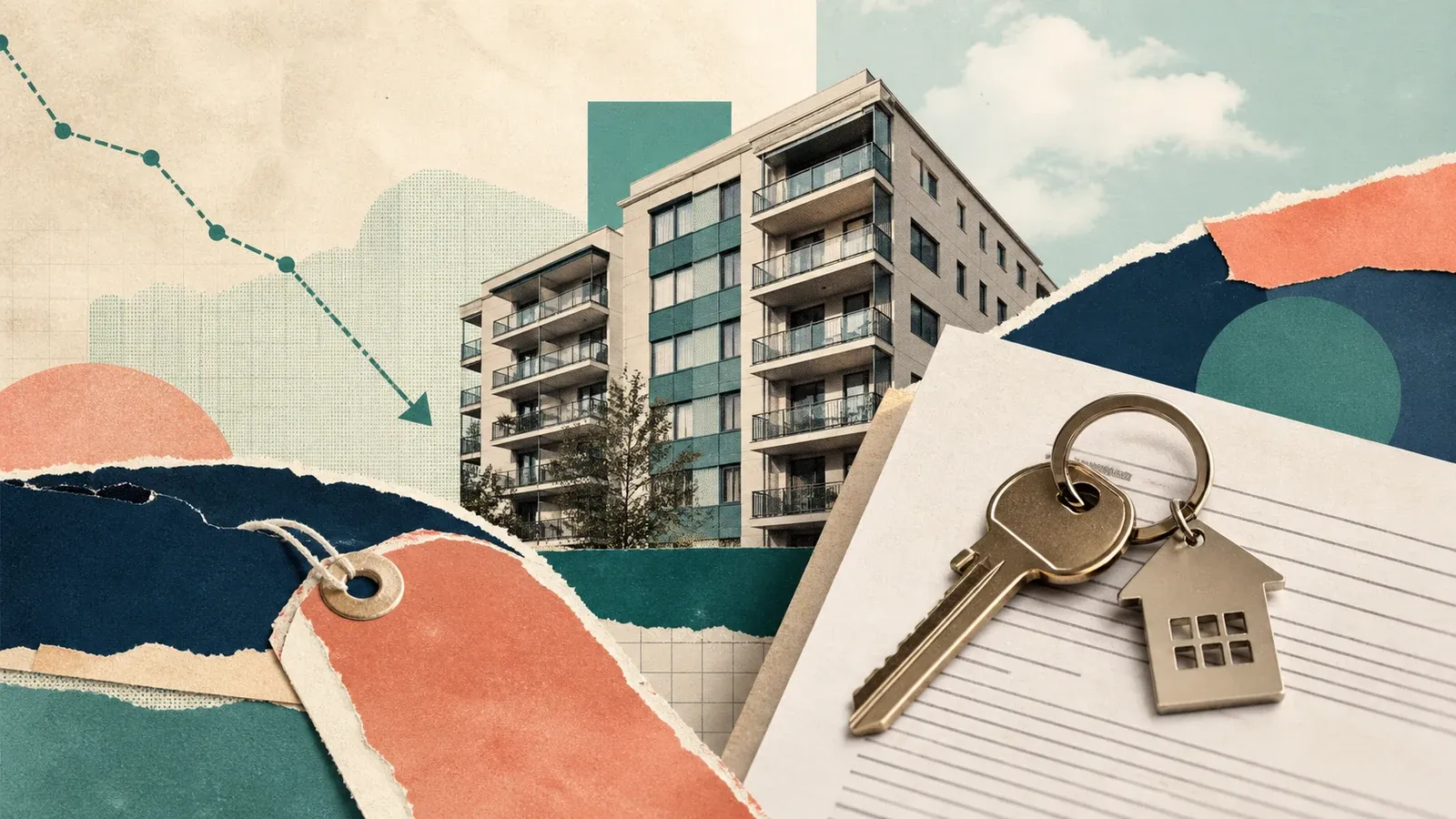 Colagem editorial com edifício residencial, chaves e gráfico de inflação em queda