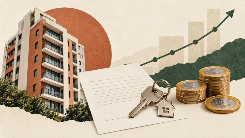 Colagem editorial com prédio residencial, chaves, contrato e moedas representando o IGP-M e os aluguéis