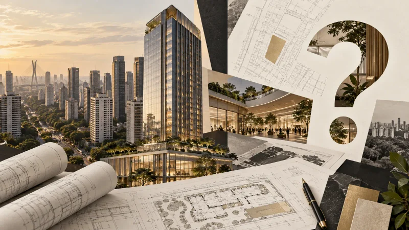 Colagem arquitetônica clean com torre, plantas e skyline de São Paulo