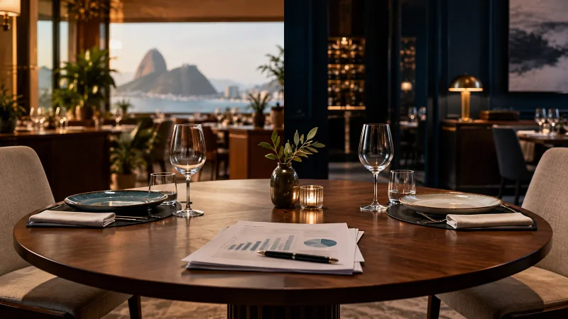Duas áreas de restaurante convergem para uma mesa de negociação financeira