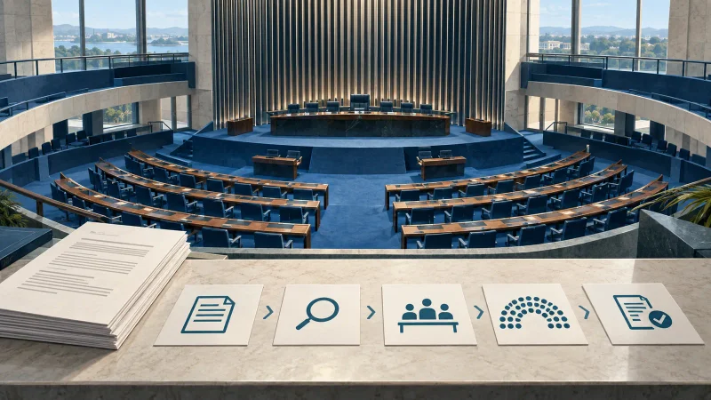 Ilustração editorial de câmara legislativa vazia e documentos de procedimento constitucional