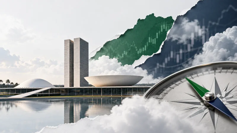 Colagem minimalista com Brasília, bússola, nuvens e gráficos de mercado