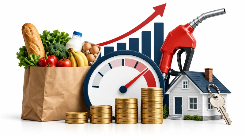 Colagem minimalista com alimentos, combustível, casa, moedas e medidor de preços