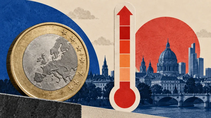 Colagem clean com moeda do euro, medidor de preços e cidade europeia