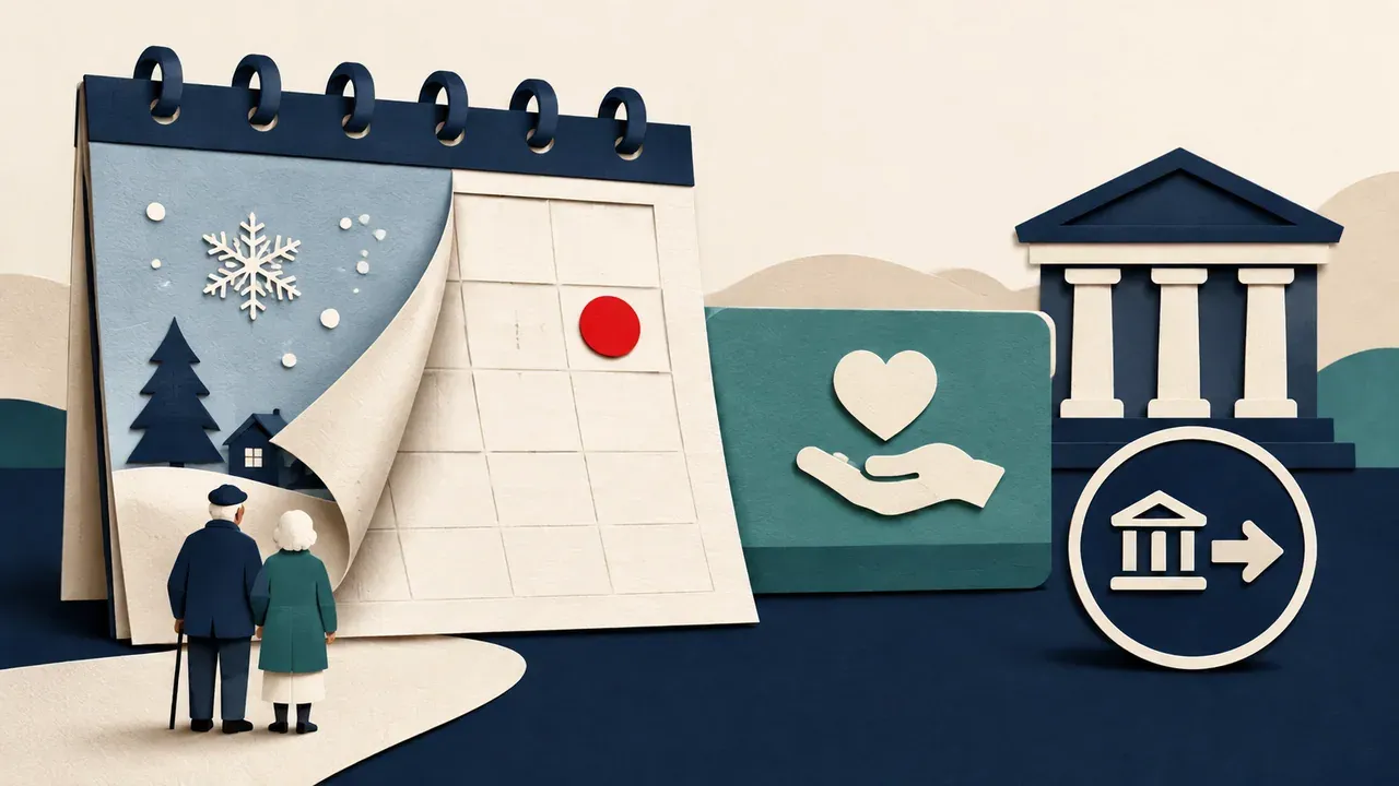 Colagem minimalista com calendário, casal de idosos e cartão representando o pagamento do INSS após o feriado