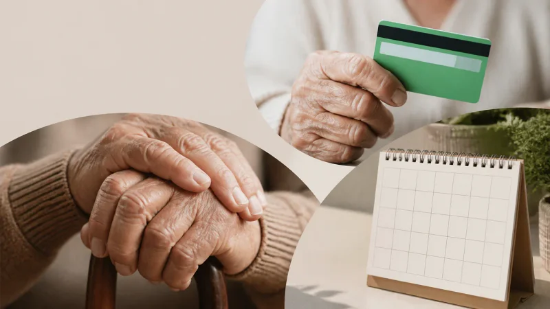 Mãos de aposentado, cartão de benefício e calendário representam pagamento do INSS em 3 de setembro