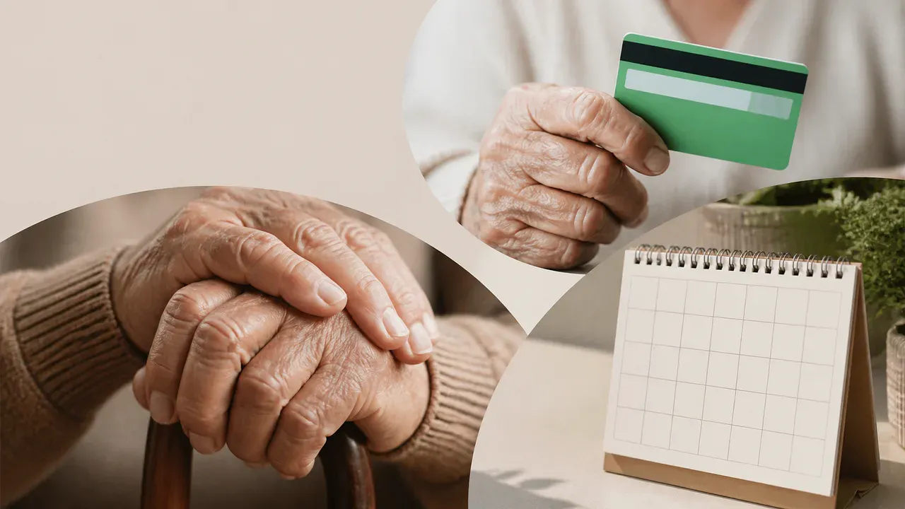Mãos de aposentado, cartão de benefício e calendário representam pagamento do INSS em 3 de setembro