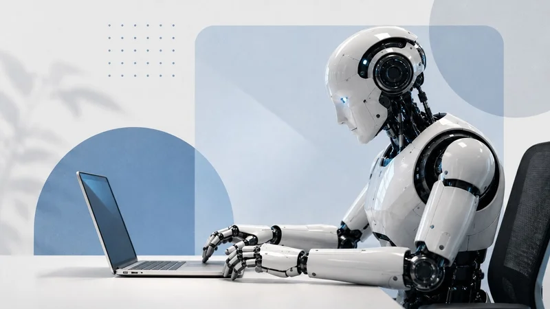 Robô humanoide usando notebook em escritório minimalista, representando inteligência artificial e automação no trabalho.