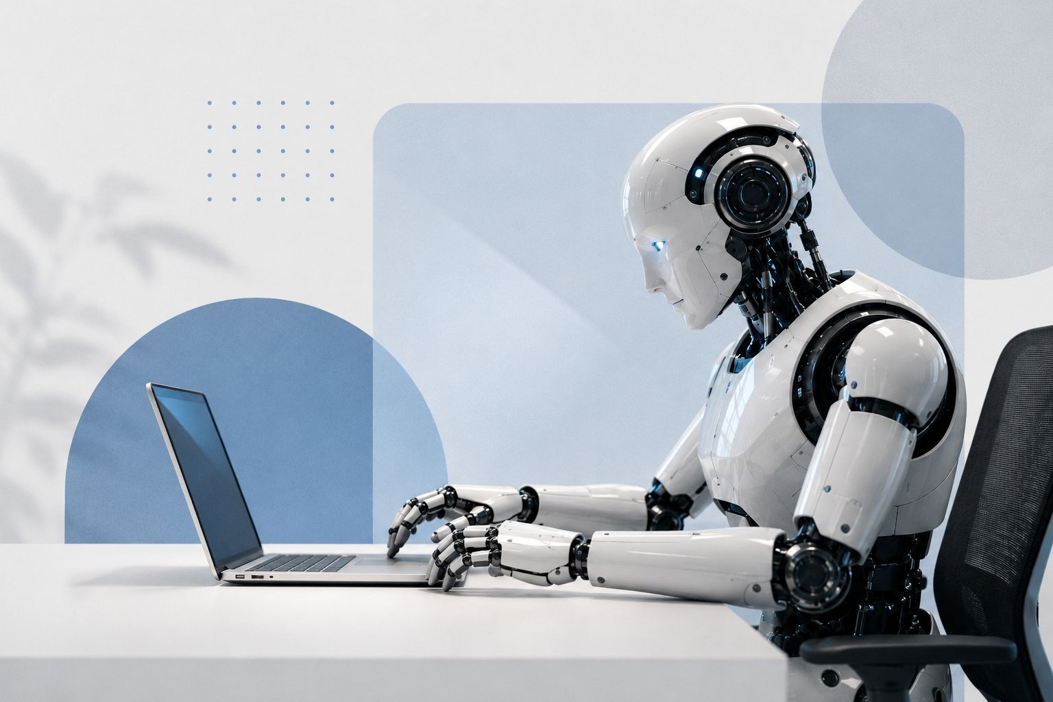 Robô humanoide usando notebook em escritório minimalista, representando inteligência artificial e automação no trabalho.