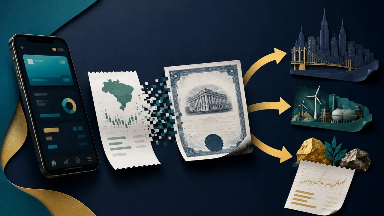 Colagem minimalista com aplicativo bancário e recibo brasileiro se transformando em ativos negociados nos Estados Unidos