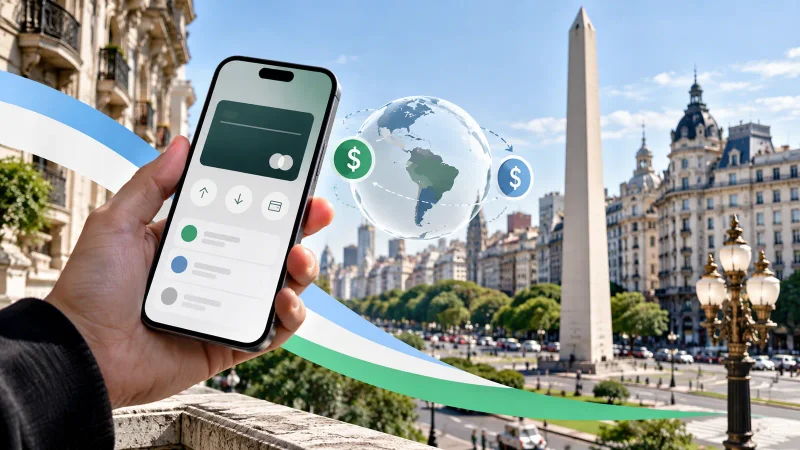 Smartphone com aplicativo bancário diante da cidade de Buenos Aires representando a expansão do Inter para a Argentina