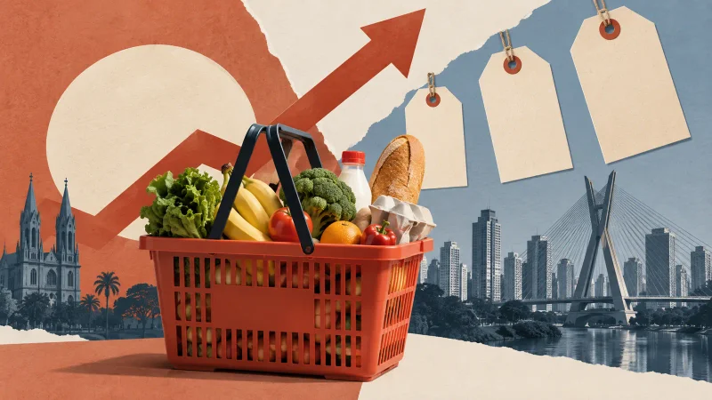 Colagem clean com cesta de compras, preços e skyline de São Paulo
