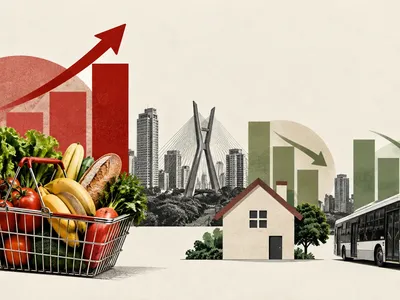 Colagem minimalista com cesta de alimentos, casa, ônibus, São Paulo e gráficos de preços