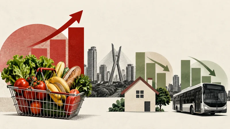Colagem minimalista com cesta de alimentos, casa, ônibus, São Paulo e gráficos de preços