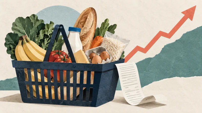 Colagem ilustrativa de cesta de alimentos e indicador de preços para o IPC-S de setembro de 2026