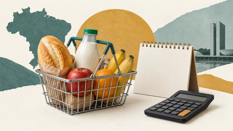 Colagem ilustrativa com cesta de alimentos, calendário e calculadora para representar a divulgação da inflação.